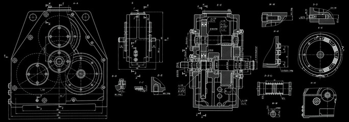 Engineering mechanical pencil drawing set of steel devices
(reducer, gearbox, engine)
with dimension lines. Industrial 
cad scheme on paper sheet. Technology background
of machine building industry. 