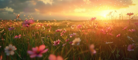 Sunset Over Meadow Flowers