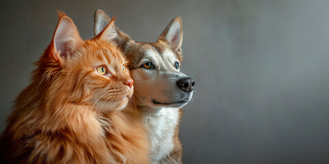 A ginger cat and a husky dog ​​sit nearby, staring off to the side, captured in profile.