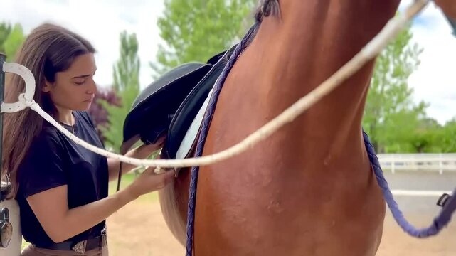 Video of adjusting the girth on a saddled horse