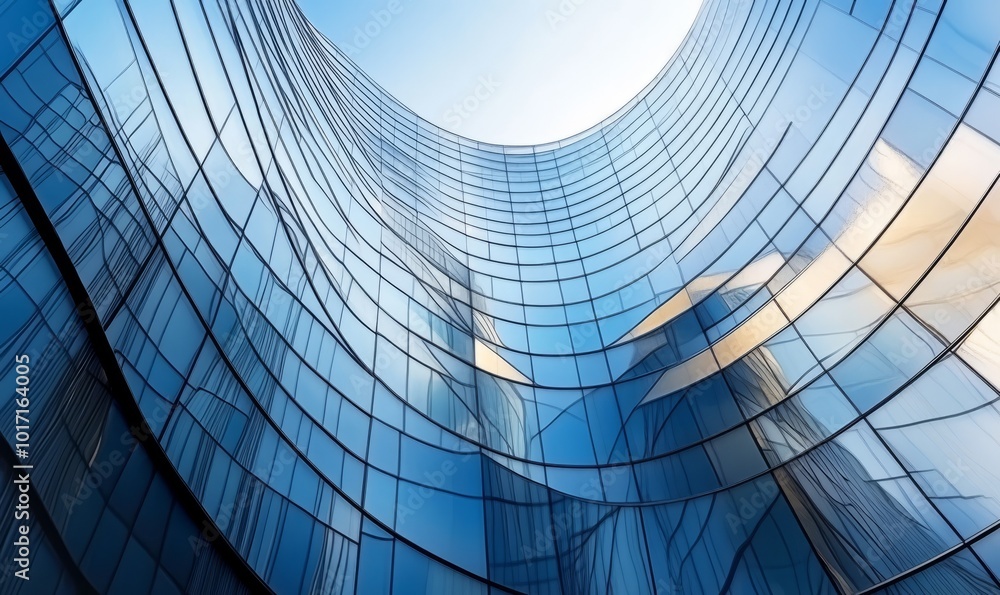 Poster abstract reflection patterns created on the curved glass facade of a modern high-rise building, capt