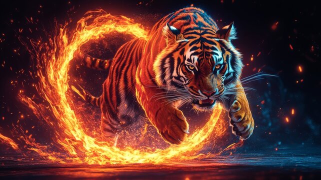 A close-up illustration of a performing tiger jumping through a flaming hoop, with dynamic lines and bright colors to emphasize the action and intensity of the moment