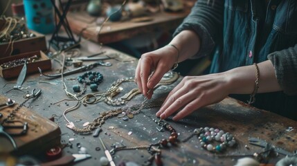 Handcrafted Jewelry Production Workshop with Variety of Gemstones and Tools