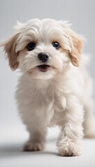 Obraz premium Playful puppy small dog Maltipu runs on a white background vertical