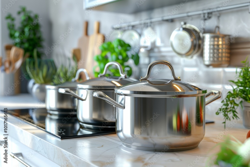 Poster three shiny pots sit on a modern countertop, surrounded by vibrant herbs and plants, creating a fres