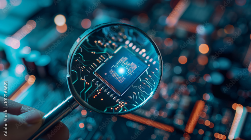 Poster a magnifying glass and futuristic digital datum computer cyber ai chip with circuit light thin lines