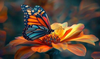 Vibrant butterfly perching on an orange flower