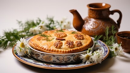 Fototapeta premium Delicious Pastry Pie with Teapot and Flowers