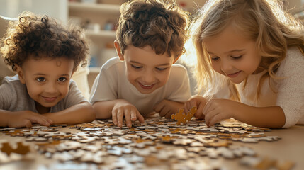 Children and parents playing a giant floor puzzle, working together to solve it – A dynamic image of teamwork and bonding, symbolizing love, joy, and responsibility as families bui