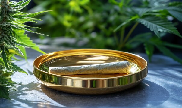 Cannabis preroll joint in a round gold ashtray