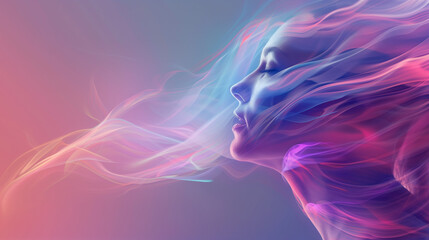 Spiritual neon glowing purple holographic dreamy  human face with energy particles flow on gradient background. Abstract meditation illustration. Magic mystery cosmos futuristic