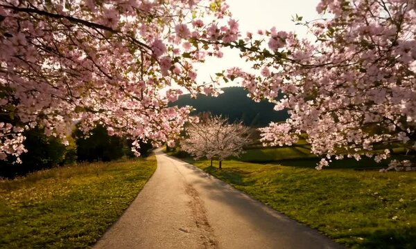 Pink Dogwood Blossoms Along a Quiet Country Lane