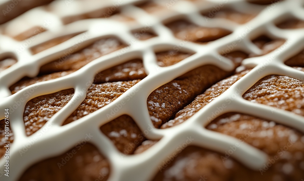 Poster close-up of a gingerbread cookie with icing, showcasing the rough texture of the cookie and the smoo
