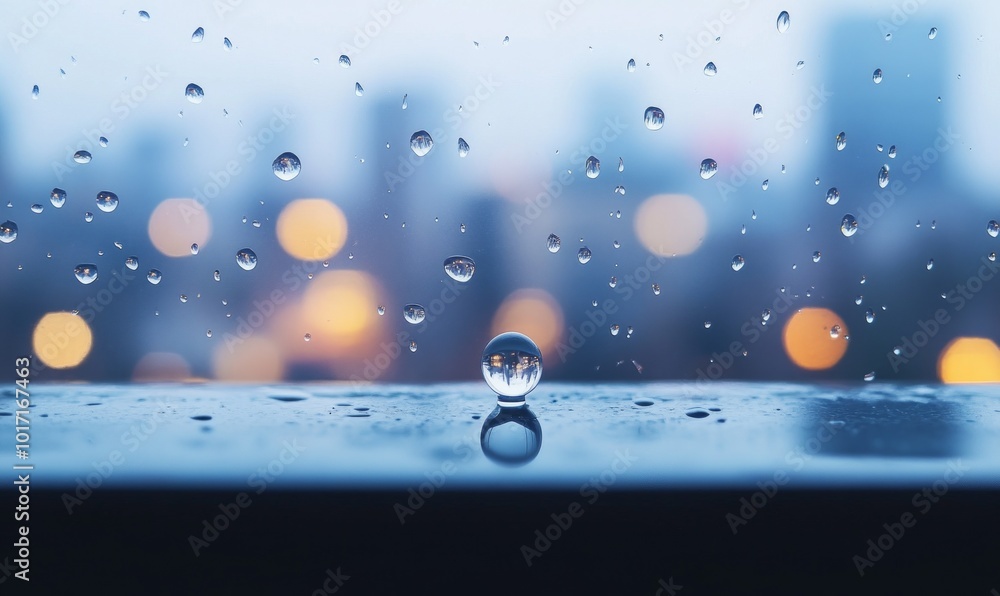 Poster minimalist shot of a single raindrop on a window with soft focus and a blurred cityscape in the back