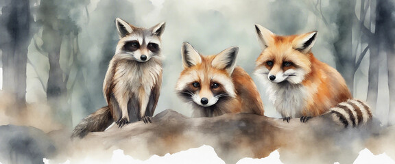 Fototapeta premium Safari Animal set fox raccoon and owl in watercolor style Isolated vector illustration