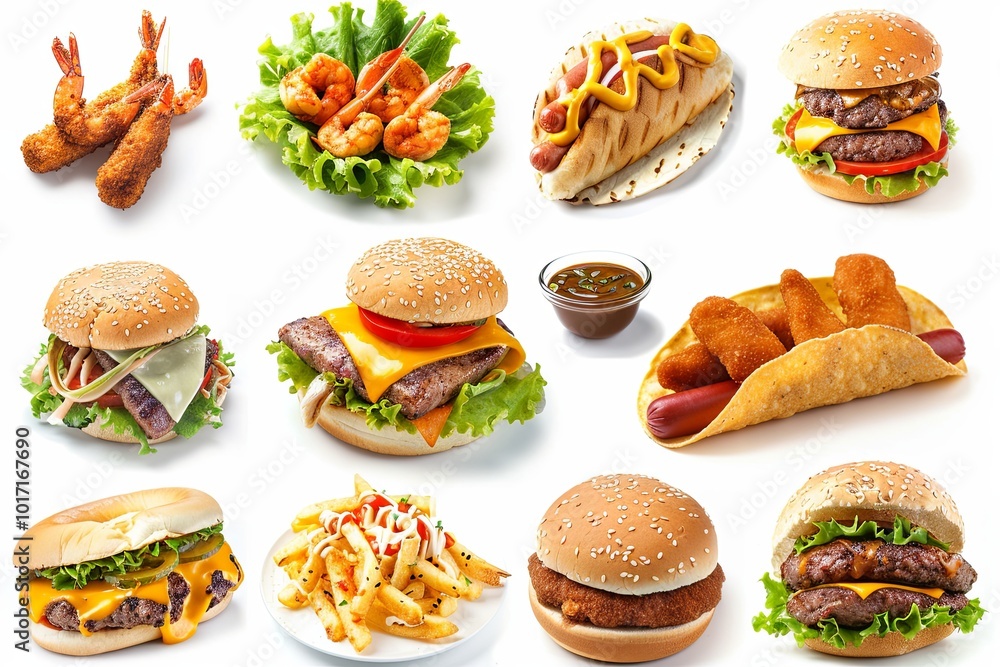 Poster an array of appetizing fast food items includes burgers, shrimp, hot dogs, and fries arranged neatly