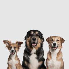 A stunning minimalistic portrait of three diverse dogs sitting side by side, smiling with joyful expressions, against a plain white background, showcasing different breeds with unique personalities.