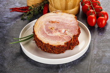 Tasty and fat smoked pork belly
