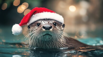 A playful otter wearing a festive Christmas hat in a shimmering pool. This charming image captures the joy of the holiday season. Perfect for greeting cards and winter themes. AI