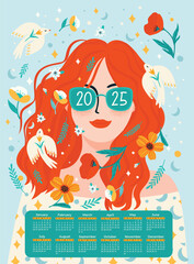 2025 calendar with portrait of girl with birds and flowers. Artistic illustration in. Vector template