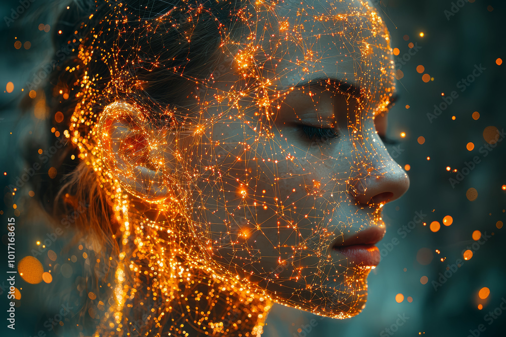 Poster a person's head with an open panel revealing a complex network of digital wires and lights inside. c