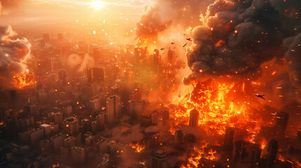 War photo showing a destroyed city, ruins, explosions, wreck and smoke everywhere. Burning and damaged houses, structures and cars after the bombing