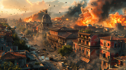 War photo showing a destroyed city, ruins, explosions, wreck and smoke everywhere. Burning and damaged houses, structures and cars after the bombing