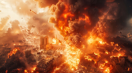 War photo showing a destroyed city, ruins, explosions, wreck and smoke everywhere. Burning and damaged houses, structures and cars after the bombing