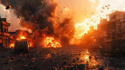 War photo showing a destroyed city, ruins, explosions, wreck and smoke everywhere. Burning and damaged houses, structures and cars after the bombing