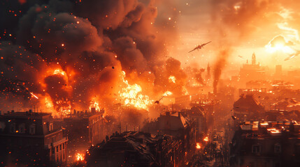 War photo showing a destroyed city, ruins, explosions, wreck and smoke everywhere. Burning and damaged houses, structures and cars after the bombing