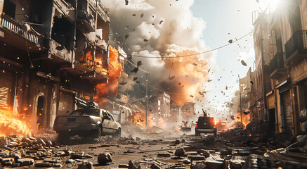 War photo showing a destroyed city, ruins, explosions, wreck and smoke everywhere. Burning and damaged houses, structures and cars after the bombing