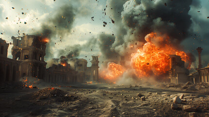 War photo showing a destroyed city, ruins, explosions, wreck and smoke everywhere. Burning and damaged houses, structures and cars after the bombing