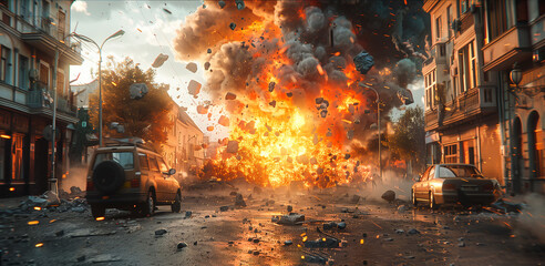 War photo showing a destroyed city, ruins, explosions, wreck and smoke everywhere. Burning and damaged houses, structures and cars after the bombing