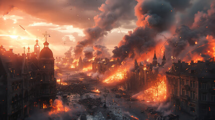 War photo showing a destroyed city, ruins, explosions, wreck and smoke everywhere. Burning and damaged houses, structures and cars after the bombing