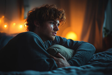 Obraz premium A person sitting on the edge of a bed, holding a pillow tightly, tears in their eyes after being rejected. Concept of love and sorrow.