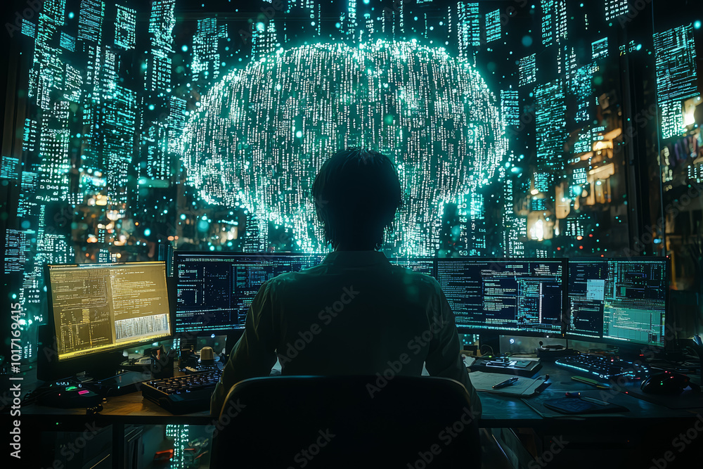Aufkleber a person sitting in front of a computer, with lines of code projecting out of their brain like thoug