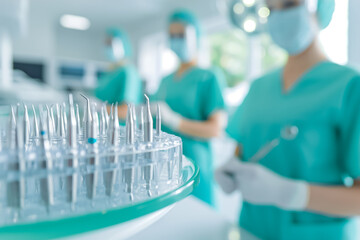 Fototapeta premium In a vibrant dental clinic, a focused dental assistant organized precision instruments, while supportive team members ensured everything was ready for patient care