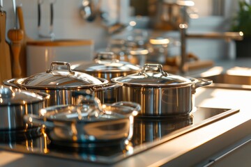 Bright sunlight illuminates a modern kitchen filled with stylish stainless steel pots and pans, creating a warm, inviting atmosphere. Generative AI