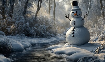 Obraz premium A snowman with coal eyes and a crooked carrot nose, standing next to a frozen stream in a dense, snowy forest.