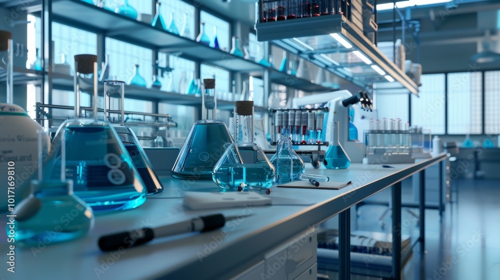 Poster researchers are working with various glassware containing blue liquids in a well-lit laboratory envi