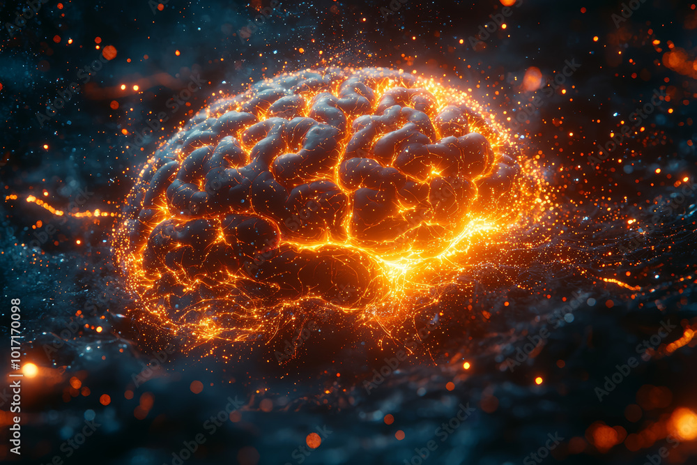 Poster a neural network growing out from a human brain, extending into cyberspace, representing the link be