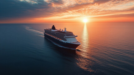 Fototapeta premium A large cruise ship liner across calm ocean waters under a vibrant sunset, leaving a subtle wake behind it.