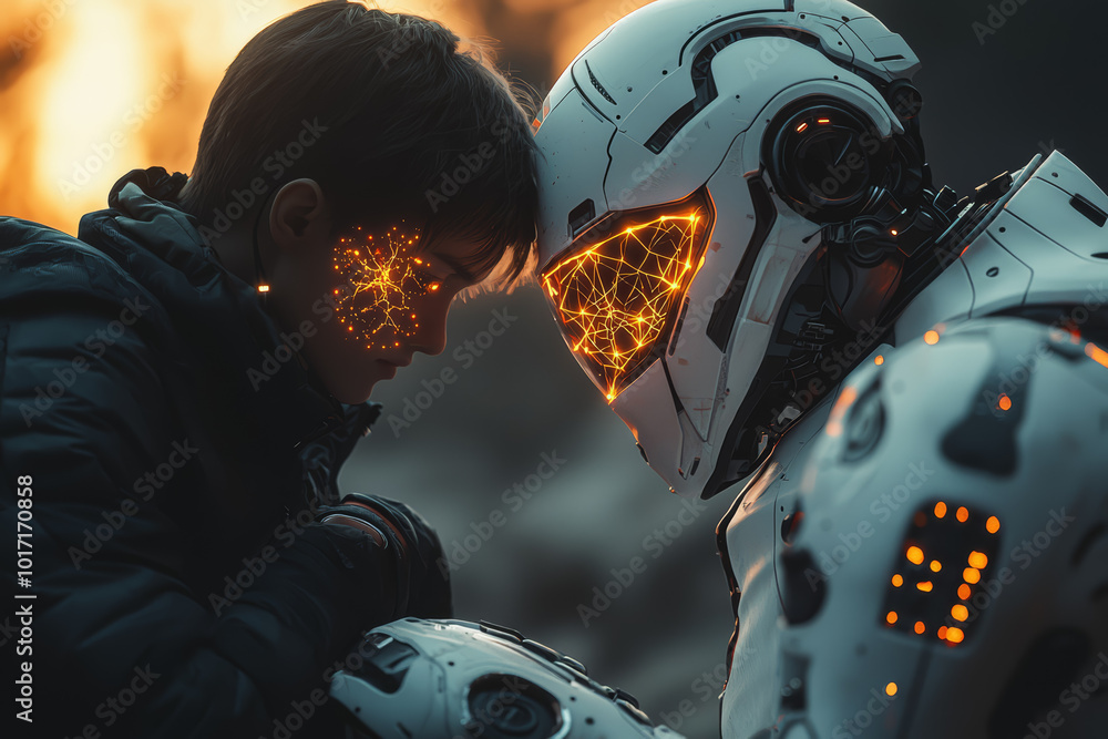 Poster a human and robot sitting together, both connected by a glowing neural link, showing shared thought.