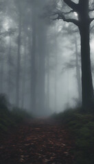 Fototapeta premium The thick fog enveloped the dark forest 3D illustration verticalThe thick fog enveloped the dark forest 3D illustration vertical