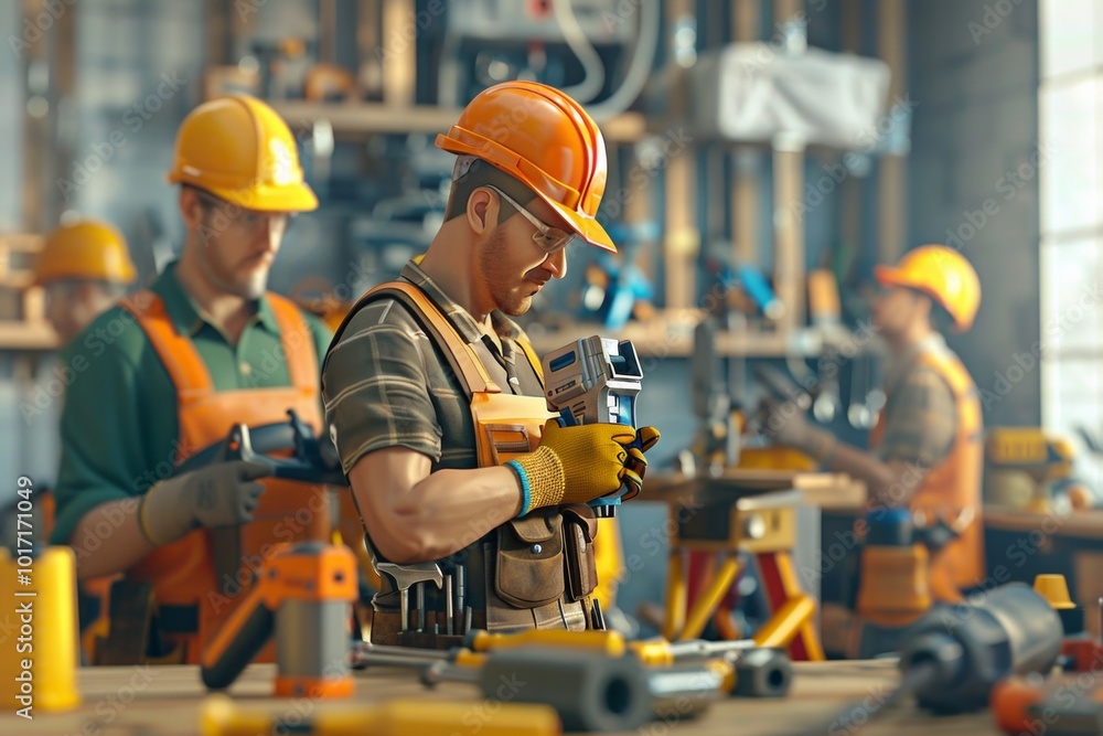 Aufkleber A repair team is focused on their tasks, using various tools and materials to complete their work efficiently at the job site. Generative AI