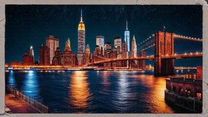 New York City at night, highlighting the iconic skyline with towering skyscrapers like the Empire State Building and the One World Trade Center