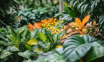 Fototapeta premium Golden Shrimp Plant and Croton in tropical garden