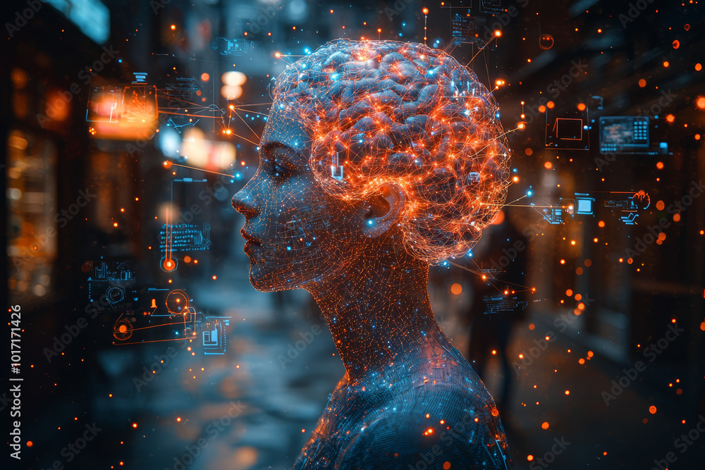 Poster a digital brain floating above a person's head, with glowing wires connecting to various devices aro