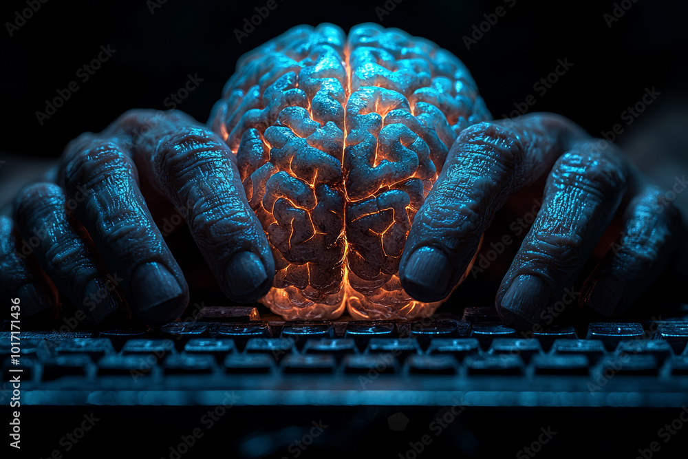 Poster a digital brain evolving from human hands as they type on a keyboard, symbolizing creativity and tec