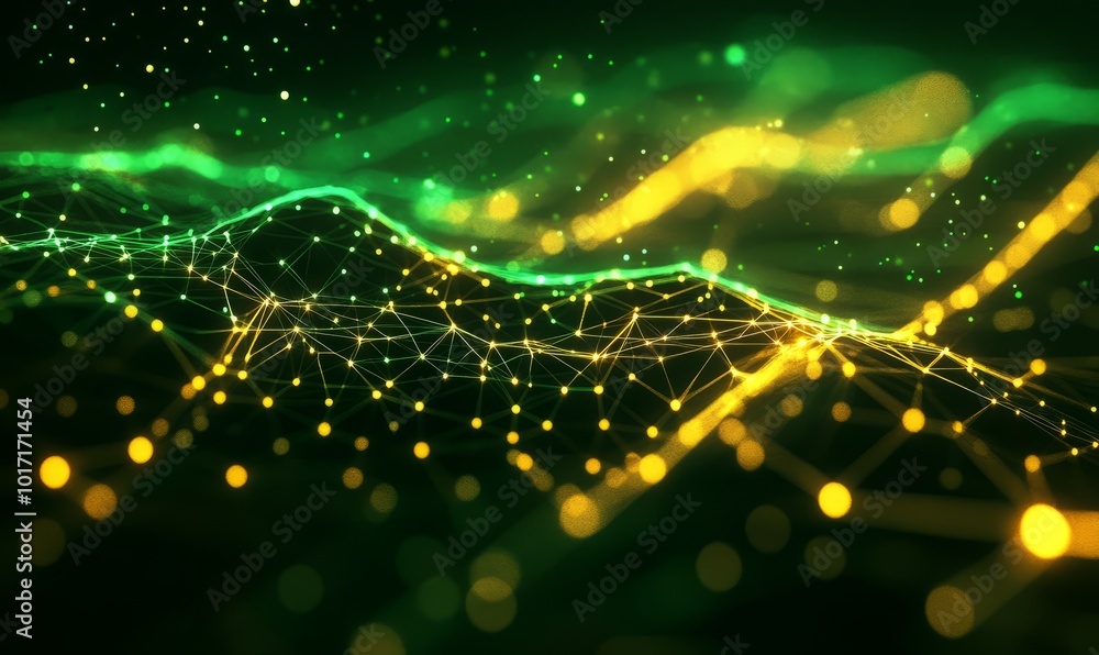 Poster green and yellow neon lines form a futuristic high-tech mesh. computing concept.